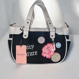 Juicy Couture Black and White Shoulder Bag with Patch Accents